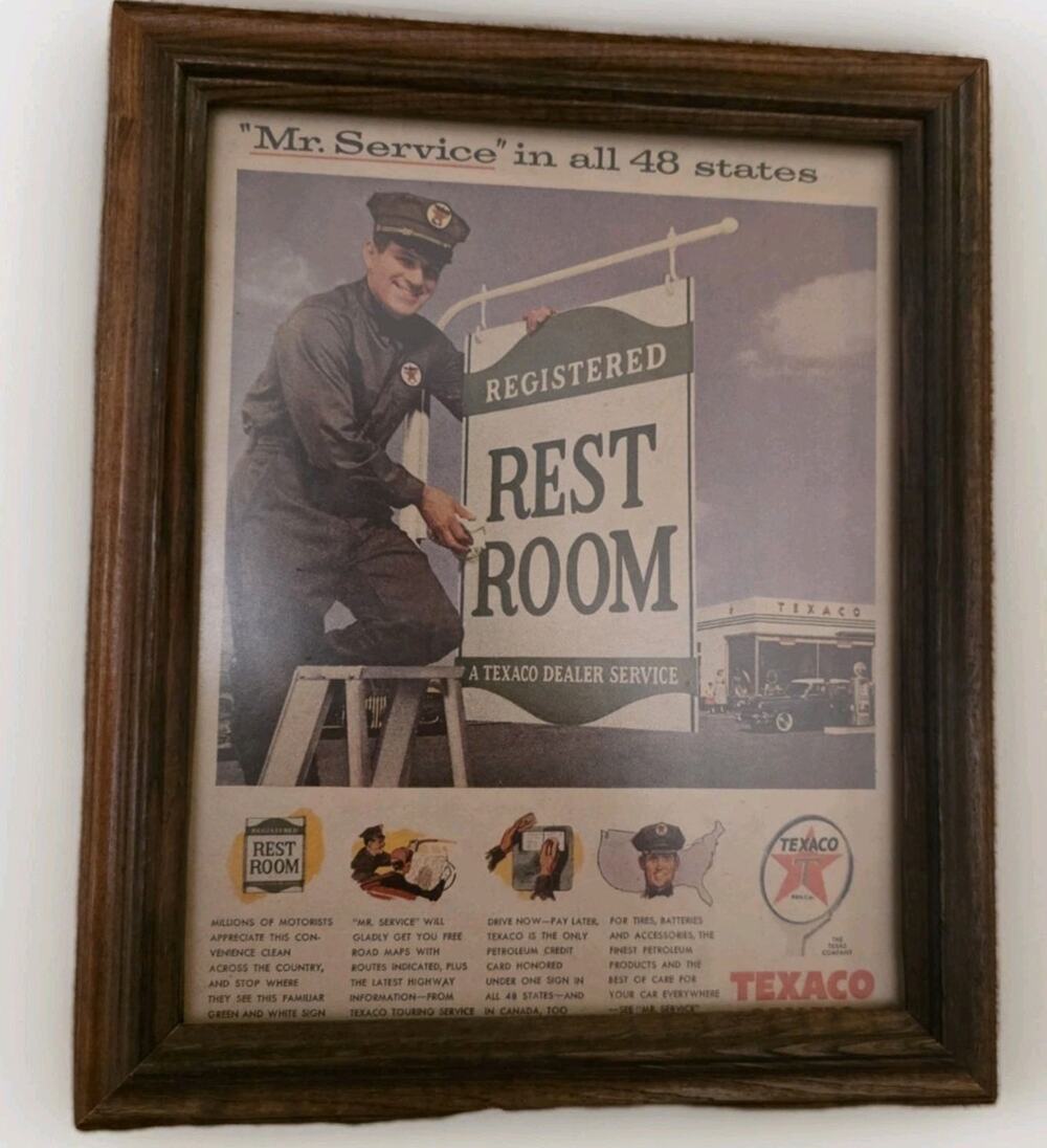 Vintage 1956 Texaco Oil Rest Room Print Ad Mr. Service Gas Station Framed